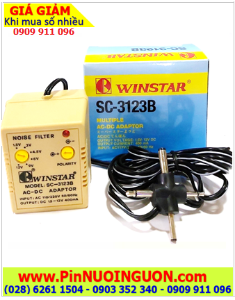 Adaptor Winstar SC3123B, Điện áp ra 6 đầu : 1,5V - 3V - 4.5V - 6V - 9V - 12V - 13.5V DC), Điện áp vào: AC 220V 50/60HZ